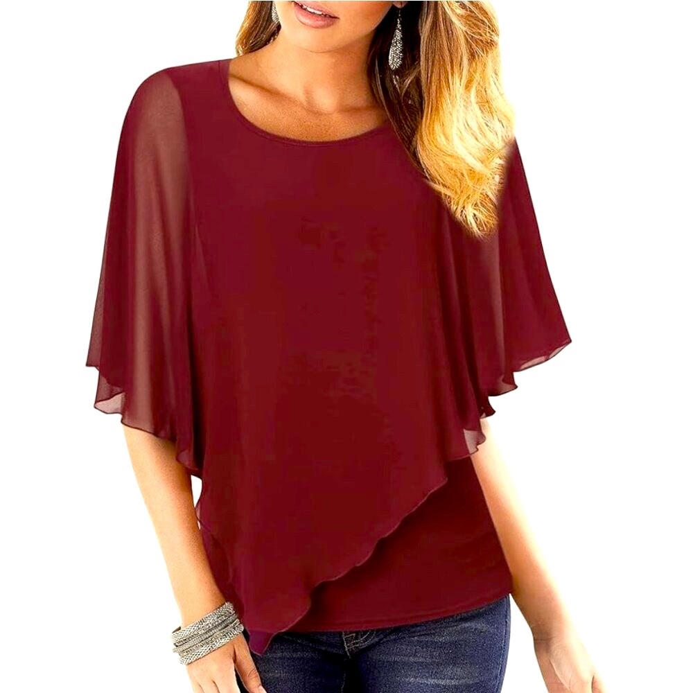 Lightweight Flowy Layered Chiffon Blouse in Wine XL NWT